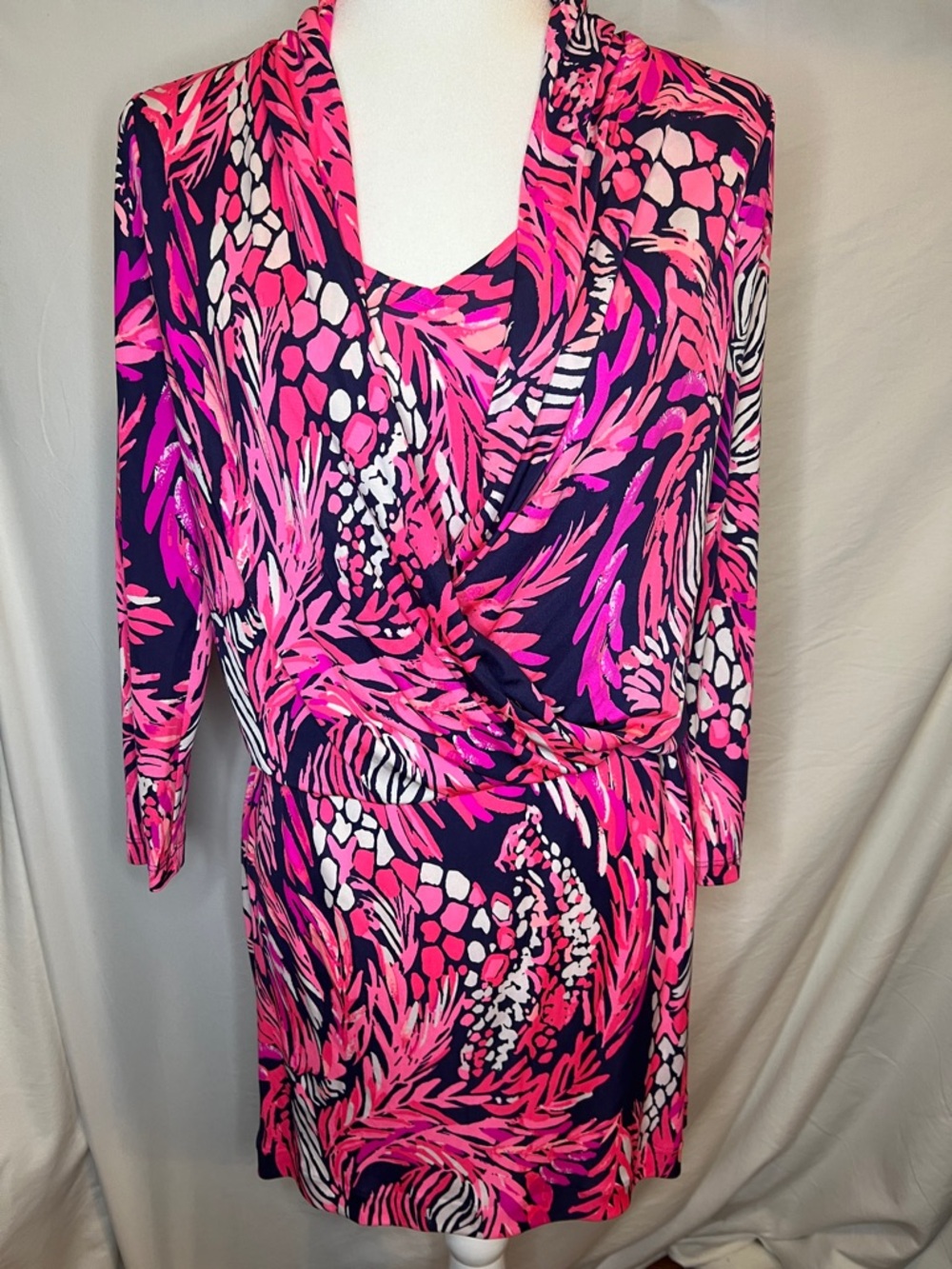 Lilly Pulitzer Hot Pink and Navy Printed Long-Sleeve Dress